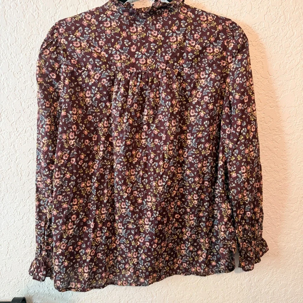 LOFT Floral Ruffle Neck Pintuck Blouse Size M Cottagecore Boho Burgundy Cotton